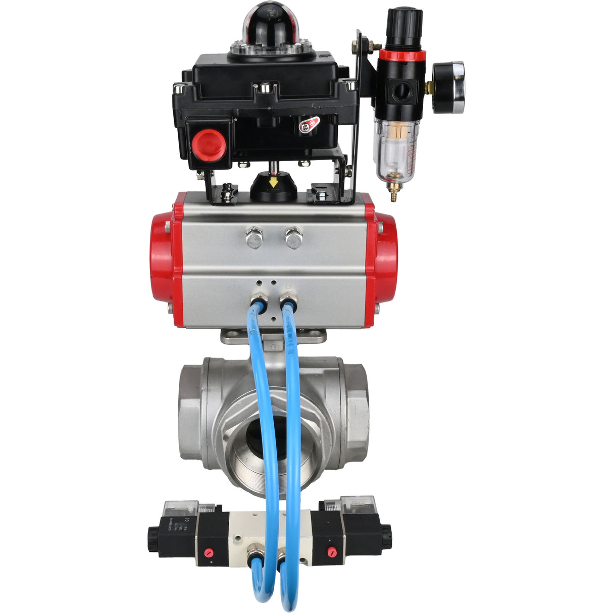 Kugelhähne Elephant BV3232P(4pc)-SP-3WL-T-ISO-H, Gehäusematerial - Edelstahl AISI 316, Dichtung - PTFE / PTFE / Teflon, mit pneumatischem Doppelwirkungsantrieb PA-DA, 4V320-08 220V, LSU APL-410N Ex, ATU AFC2000