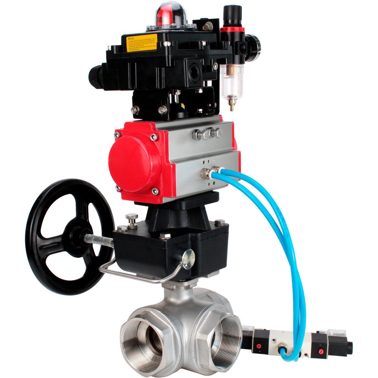 Kugelhähne Elephant BV3232P(4 Stück)-SP-3WL-T-ISO-H, Gehäusematerial - Edelstahl AISI 316, Dichtung - PTFE / PTFE / Teflon, mit pneumatischem Doppelwirkungsantrieb PA-DA, 4V320-08 220V, LSU APL-410N Ex, Handrad MON, ATU AFC2000