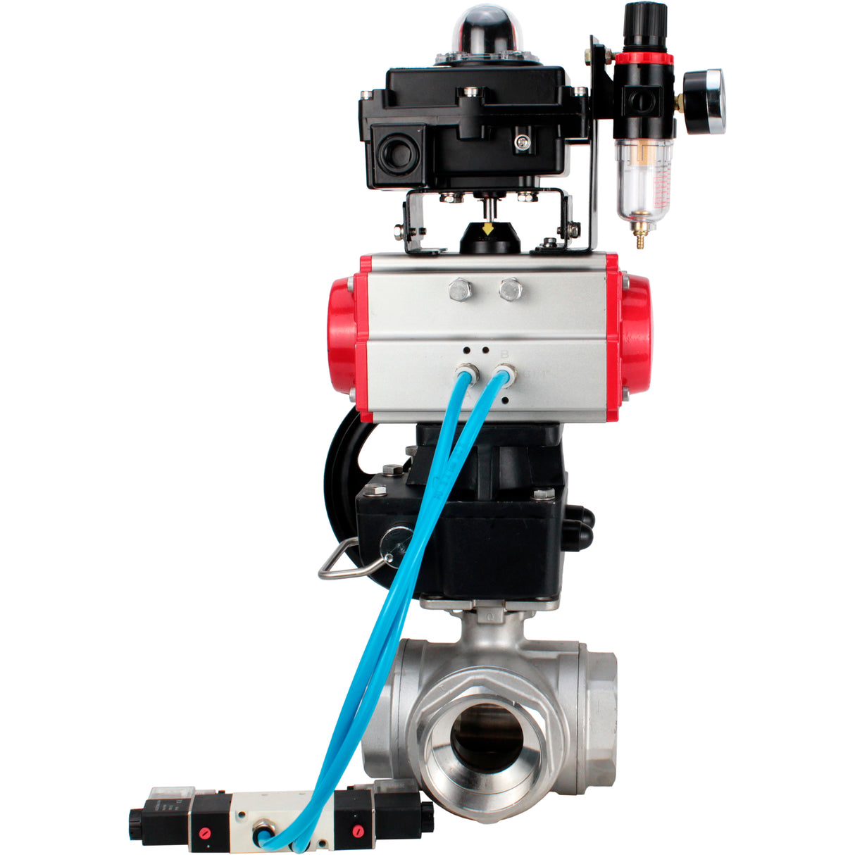 Kugelhähne Elephant BV3232P(4 Stück)-SP-3WL-T-ISO-H, Gehäusematerial - Edelstahl AISI 316, Dichtung - PTFE / PTFE / Teflon, mit pneumatischem Doppelwirkungsantrieb PA-DA, 4V320-08 220V, LSU APL-410N Ex, Handrad MON, ATU AFC2000