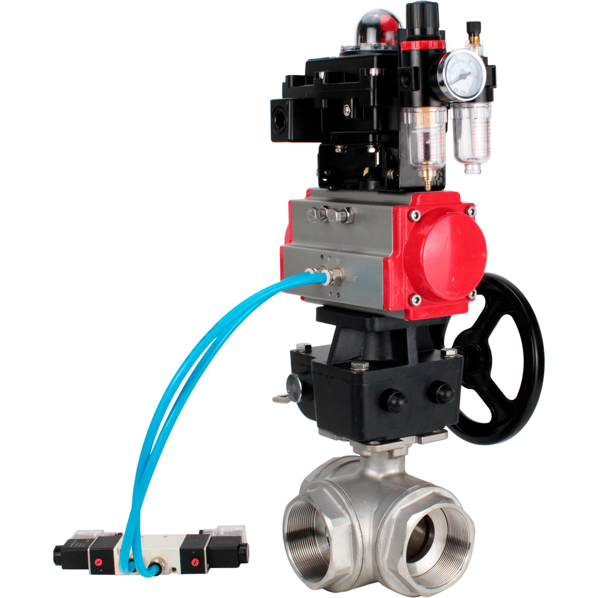 Kugelhähne Elephant BV3232P(4 Stück)-SP-3WL-T-ISO-H, Gehäusematerial - Edelstahl AISI 316, Dichtung - PTFE / PTFE / Teflon, mit pneumatischem Doppelwirkungsantrieb PA-DA, 4V320-08 220V, LSU APL-410N Ex, Handrad MON, ATU AFC2000