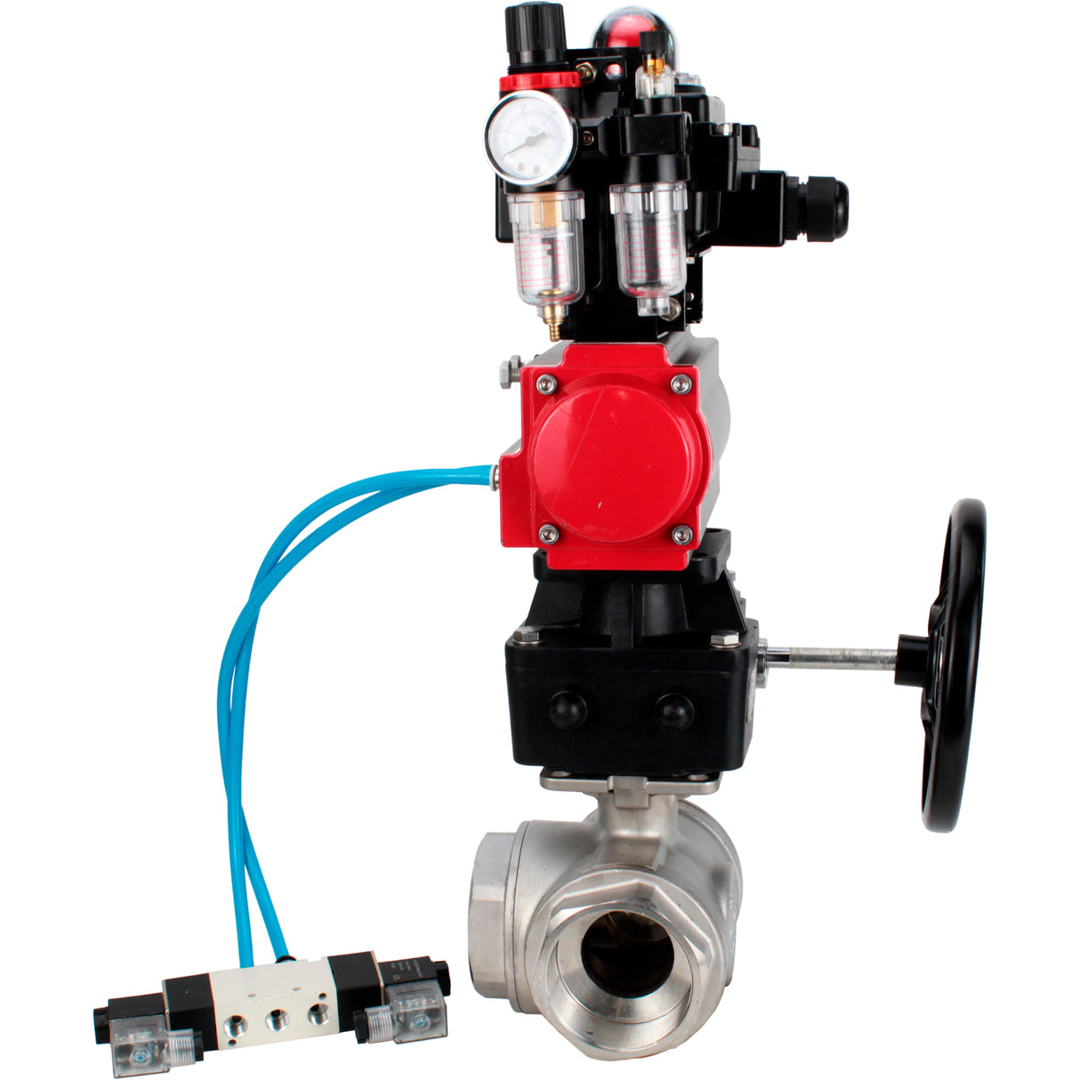 Kugelhähne Elephant BV3232P(4 Stück)-SP-3WL-T-ISO-H, Gehäusematerial - Edelstahl AISI 316, Dichtung - PTFE / PTFE / Teflon, mit pneumatischem Doppelwirkungsantrieb PA-DA, 4V320-08 220V, LSU APL-410N Ex, Handrad MON, ATU AFC2000