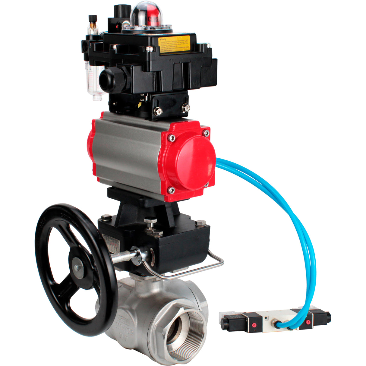 Kugelhähne Elephant BV3232P(4 Stück)-SP-3WL-T-ISO-H, Gehäusematerial - Edelstahl AISI 316, Dichtung - PTFE / PTFE / Teflon, mit pneumatischem Doppelwirkungsantrieb PA-DA, 4V320-08 220V, LSU APL-410N Ex, Handrad MON, ATU AFC2000