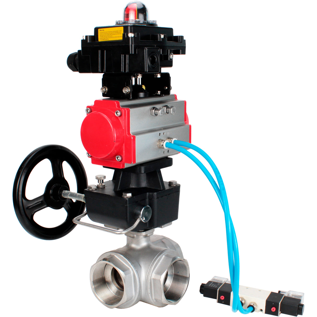 Kugelhähne Elephant BV3232P(4pc)-SP-3WL-T-ISO-H, Gehäusematerial - Edelstahl AISI 316, Dichtung - PTFE / PTFE / Teflon, mit pneumatischem Doppelwirkungsantrieb PA-DA, 4V320-08 220V, LSU APL-410N Ex, Handrad MON