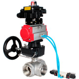 Kugelhähne Elephant BV3232P(4pc)-SP-3WL-T-ISO-H, Gehäusematerial - Edelstahl AISI 316, Dichtung - PTFE / PTFE / Teflon, mit pneumatischem Doppelwirkungsantrieb PA-DA, 4V320-08 220V, LSU APL-410N Ex, Handrad MON