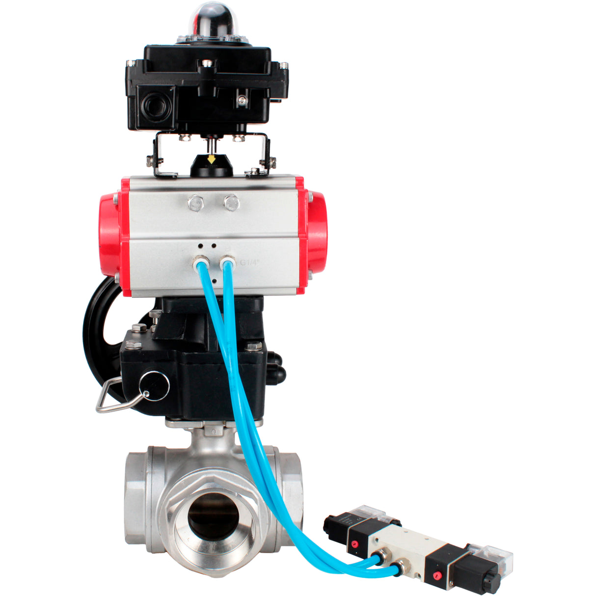 Kugelhähne Elephant BV3232P(4pc)-SP-3WL-T-ISO-H, Gehäusematerial - Edelstahl AISI 316, Dichtung - PTFE / PTFE / Teflon, mit pneumatischem Doppelwirkungsantrieb PA-DA, 4V320-08 220V, LSU APL-410N Ex, Handrad MON