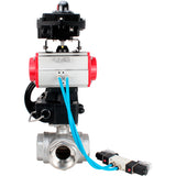 Kugelhähne Elephant BV3232P(4pc)-SP-3WL-T-ISO-H, Gehäusematerial - Edelstahl AISI 316, Dichtung - PTFE / PTFE / Teflon, mit pneumatischem Doppelwirkungsantrieb PA-DA, 4V320-08 220V, LSU APL-410N Ex, Handrad MON