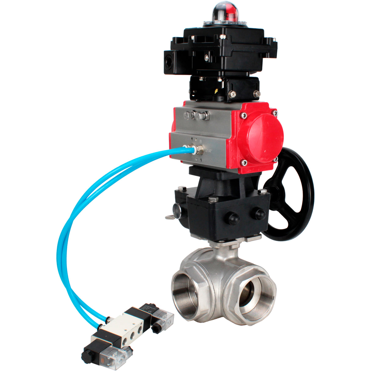 Kugelhähne Elephant BV3232P(4pc)-SP-3WL-T-ISO-H, Gehäusematerial - Edelstahl AISI 316, Dichtung - PTFE / PTFE / Teflon, mit pneumatischem Doppelwirkungsantrieb PA-DA, 4V320-08 220V, LSU APL-410N Ex, Handrad MON