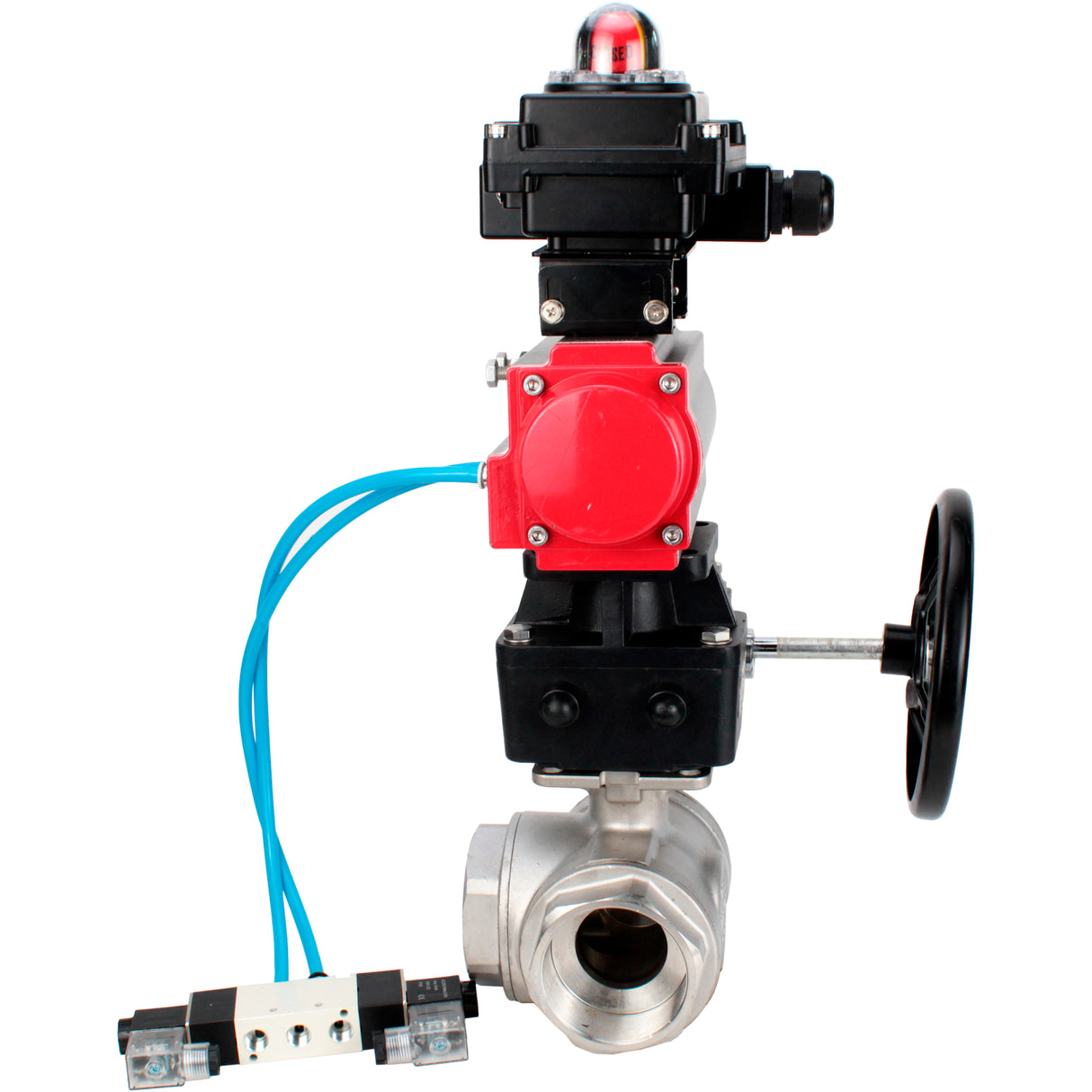 Kugelhähne Elephant BV3232P(4pc)-SP-3WL-T-ISO-H, Gehäusematerial - Edelstahl AISI 316, Dichtung - PTFE / PTFE / Teflon, mit pneumatischem Doppelwirkungsantrieb PA-DA, 4V320-08 220V, LSU APL-410N Ex, Handrad MON