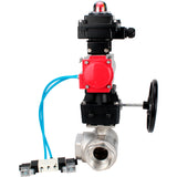 Kugelhähne Elephant BV3232P(4pc)-SP-3WL-T-ISO-H, Gehäusematerial - Edelstahl AISI 316, Dichtung - PTFE / PTFE / Teflon, mit pneumatischem Doppelwirkungsantrieb PA-DA, 4V320-08 220V, LSU APL-410N Ex, Handrad MON