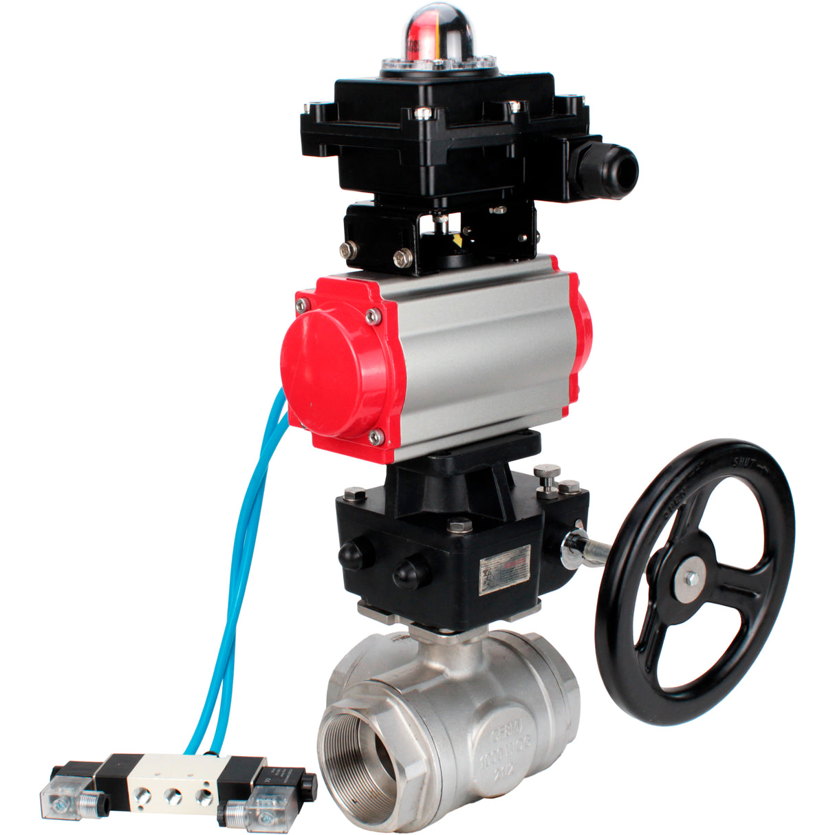 Kugelhähne Elephant BV3232P(4pc)-SP-3WL-T-ISO-H, Gehäusematerial - Edelstahl AISI 316, Dichtung - PTFE / PTFE / Teflon, mit pneumatischem Doppelwirkungsantrieb PA-DA, 4V320-08 220V, LSU APL-410N Ex, Handrad MON