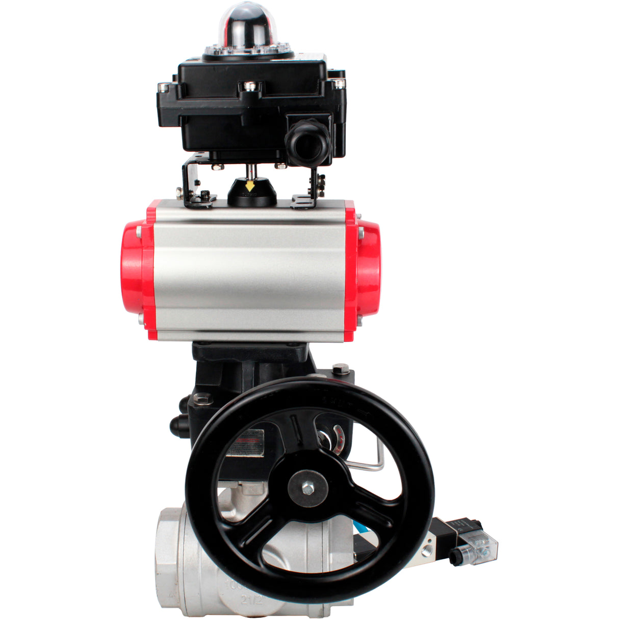 Kugelhähne Elephant BV3232P(4pc)-SP-3WL-T-ISO-H, Gehäusematerial - Edelstahl AISI 316, Dichtung - PTFE / PTFE / Teflon, mit pneumatischem Doppelwirkungsantrieb PA-DA, 4V320-08 220V, LSU APL-410N Ex, Handrad MON