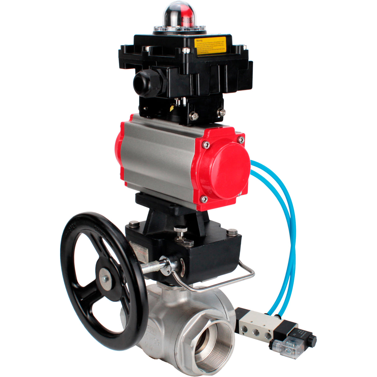 Kugelhähne Elephant BV3232P(4pc)-SP-3WL-T-ISO-H, Gehäusematerial - Edelstahl AISI 316, Dichtung - PTFE / PTFE / Teflon, mit pneumatischem Doppelwirkungsantrieb PA-DA, 4V320-08 220V, LSU APL-410N Ex, Handrad MON