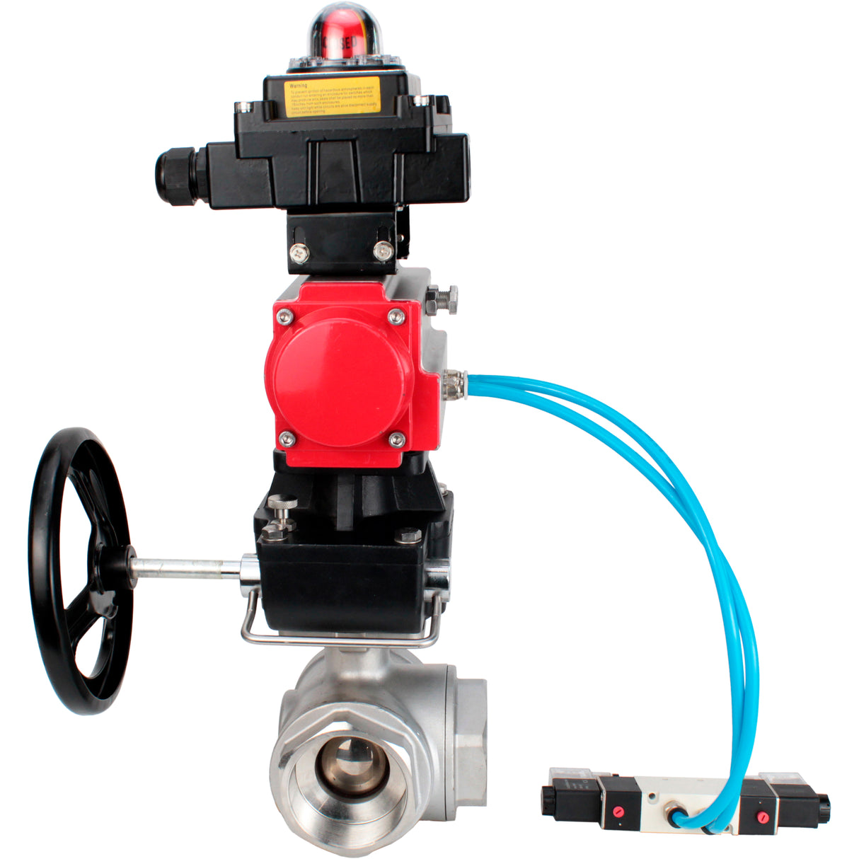 Kugelhähne Elephant BV3232P(4pc)-SP-3WL-T-ISO-H, Gehäusematerial - Edelstahl AISI 316, Dichtung - PTFE / PTFE / Teflon, mit pneumatischem Doppelwirkungsantrieb PA-DA, 4V320-08 220V, LSU APL-410N Ex, Handrad MON