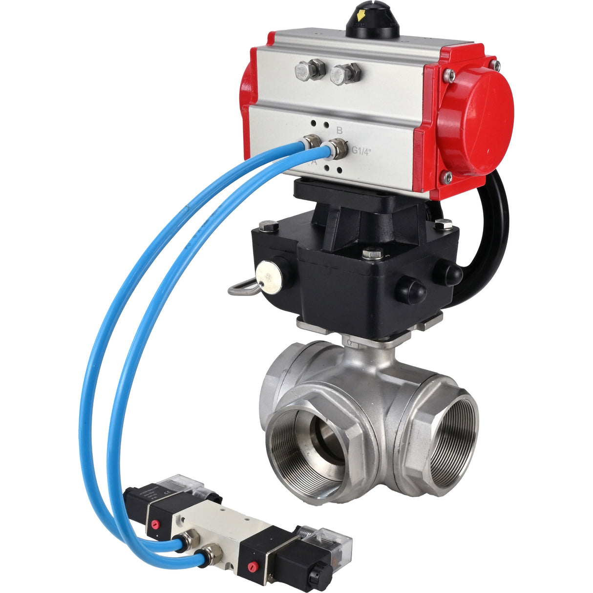 Kugelhähne Elephant BV3232P(4pc)-SP-3WL-T-ISO-H, Gehäusematerial - Edelstahl AISI 316, Dichtung - PTFE / PTFE / Teflon, mit pneumatischem Doppelwirkungsantrieb PA-DA, 4V320-10 220V, Handrad MON