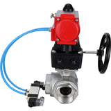 Kugelhähne Elephant BV3232P(4pc)-SP-3WL-T-ISO-H, Gehäusematerial - Edelstahl AISI 316, Dichtung - PTFE / PTFE / Teflon, mit pneumatischem Doppelwirkungsantrieb PA-DA, 4V320-10 220V, Handrad MON
