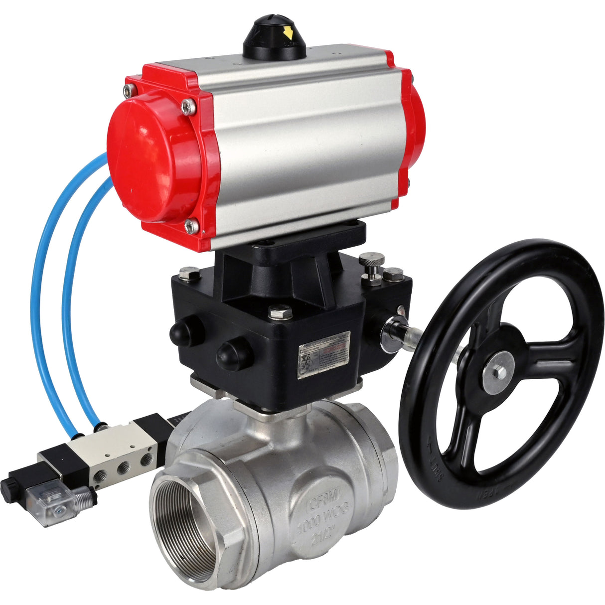 Kugelhähne Elephant BV3232P(4pc)-SP-3WL-T-ISO-H, Gehäusematerial - Edelstahl AISI 316, Dichtung - PTFE / PTFE / Teflon, mit pneumatischem Doppelwirkungsantrieb PA-DA, 4V320-10 220V, Handrad MON