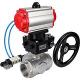 Kugelhähne Elephant BV3232P(4pc)-SP-3WL-T-ISO-H, Gehäusematerial - Edelstahl AISI 316, Dichtung - PTFE / PTFE / Teflon, mit pneumatischem Doppelwirkungsantrieb PA-DA, 4V320-10 220V, Handrad MON