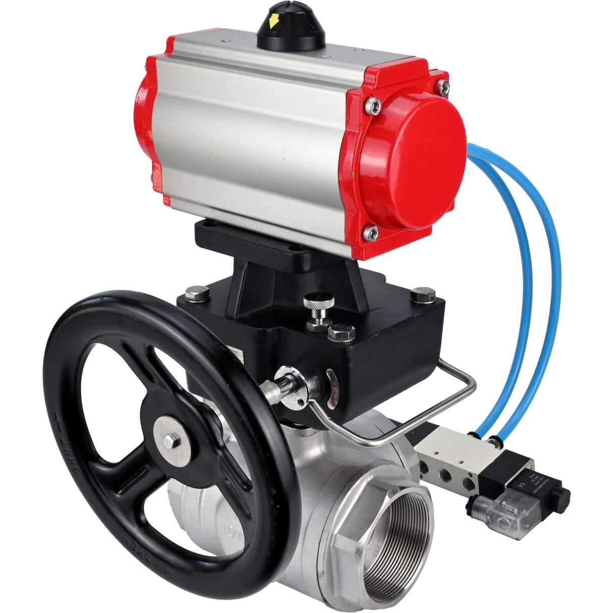 Kugelhähne Elephant BV3232P(4pc)-SP-3WL-T-ISO-H, Gehäusematerial - Edelstahl AISI 316, Dichtung - PTFE / PTFE / Teflon, mit pneumatischem Doppelwirkungsantrieb PA-DA, 4V320-10 220V, Handrad MON