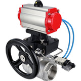 Kugelhähne Elephant BV3232P(4pc)-SP-3WL-T-ISO-H, Gehäusematerial - Edelstahl AISI 316, Dichtung - PTFE / PTFE / Teflon, mit pneumatischem Doppelwirkungsantrieb PA-DA, 4V320-10 220V, Handrad MON