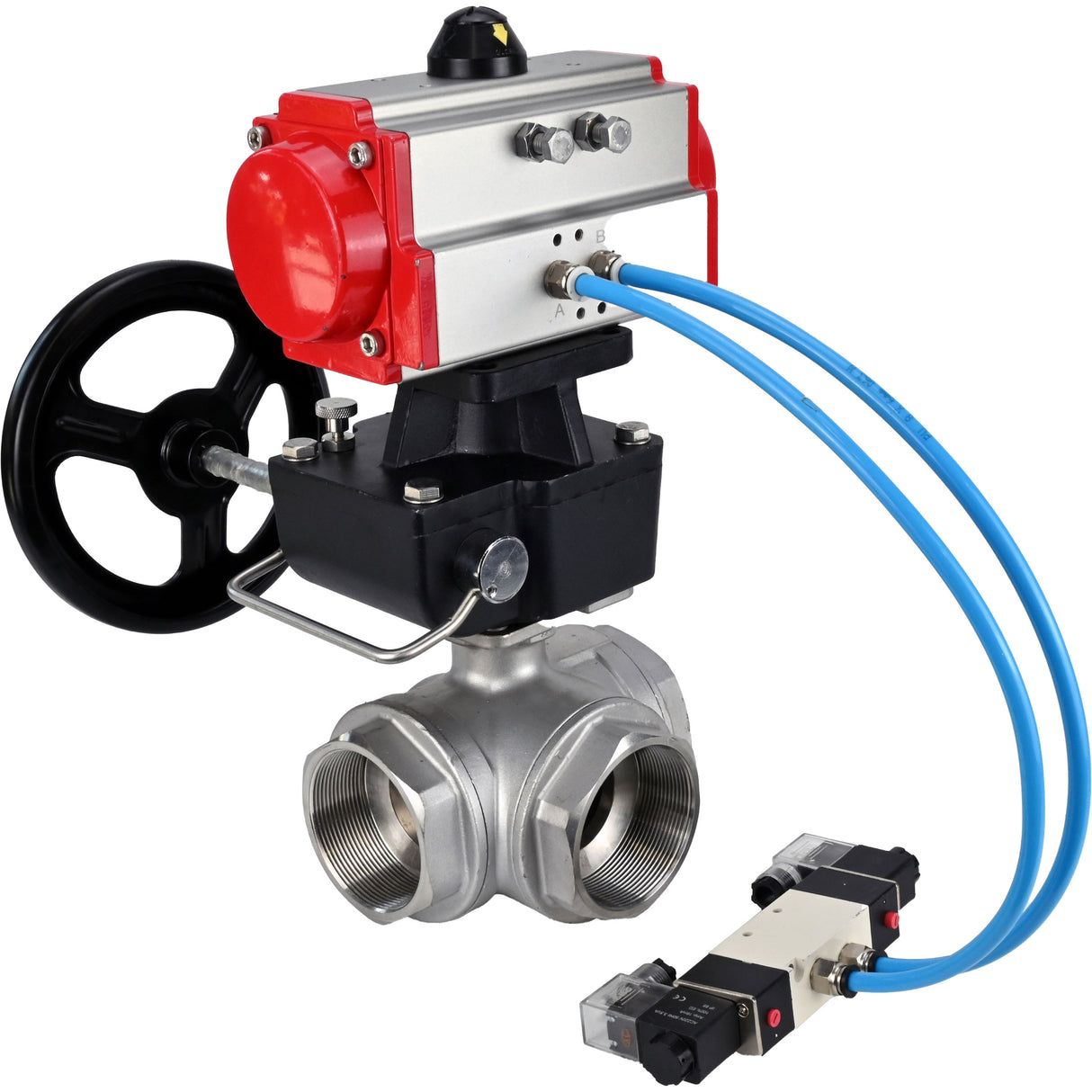 Kugelhähne Elephant BV3232P(4pc)-SP-3WL-T-ISO-H, Gehäusematerial - Edelstahl AISI 316, Dichtung - PTFE / PTFE / Teflon, mit pneumatischem Doppelwirkungsantrieb PA-DA, 4V320-10 220V, Handrad MON