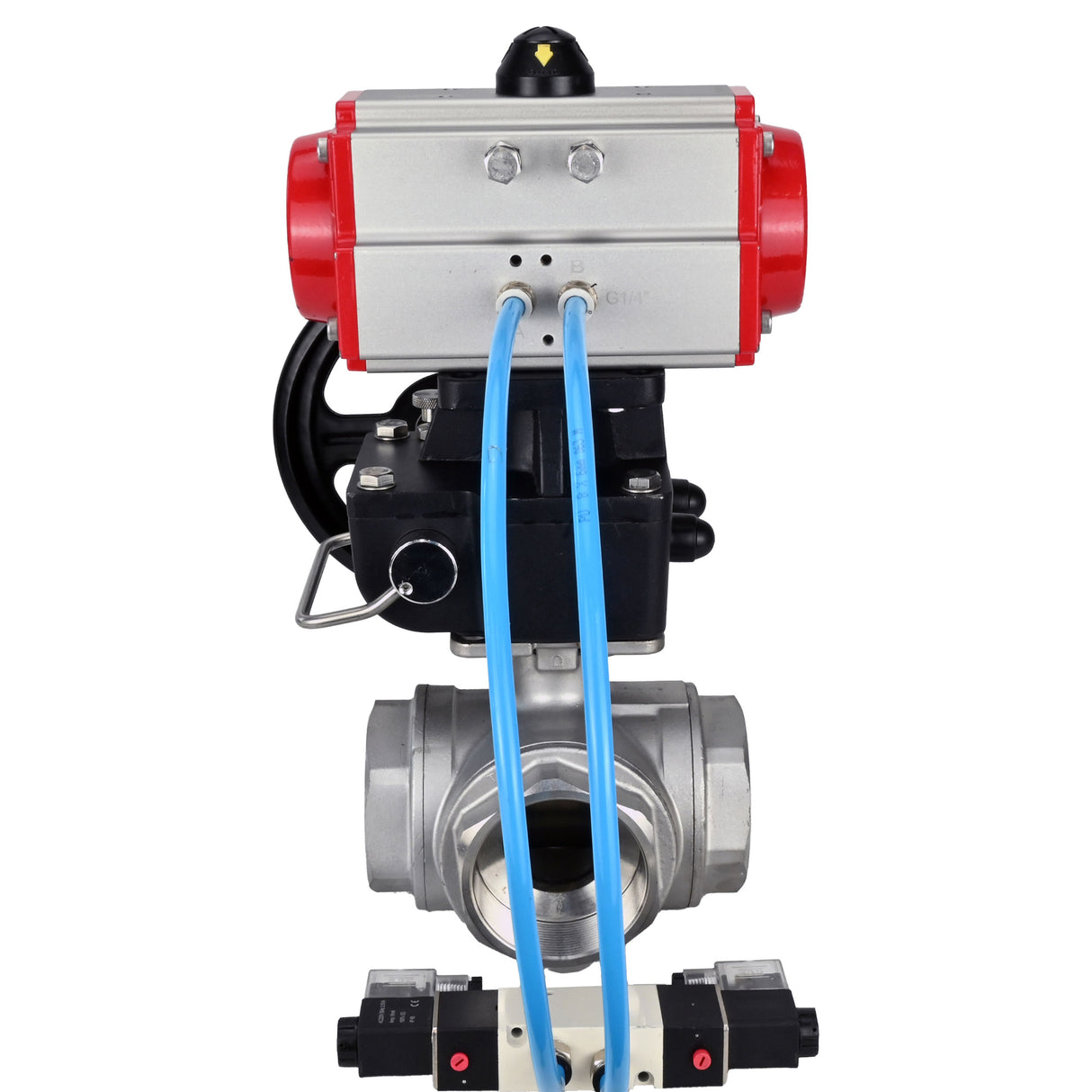 Kugelhähne Elephant BV3232P(4pc)-SP-3WL-T-ISO-H, Gehäusematerial - Edelstahl AISI 316, Dichtung - PTFE / PTFE / Teflon, mit pneumatischem Doppelwirkungsantrieb PA-DA, 4V320-10 220V, Handrad MON