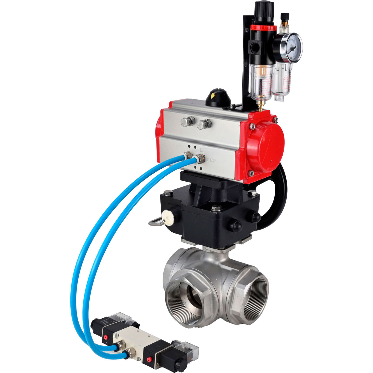 Kugelhähne Elephant BV3232P(4pc)-SP-3WL-T-ISO-H, Gehäusematerial - Edelstahl AISI 316, Dichtung - PTFE / PTFE / Teflon, mit pneumatischem Doppelwirkungsantrieb PA-DA, 4V320-08 220V Handrad MON, ATU AFC2000