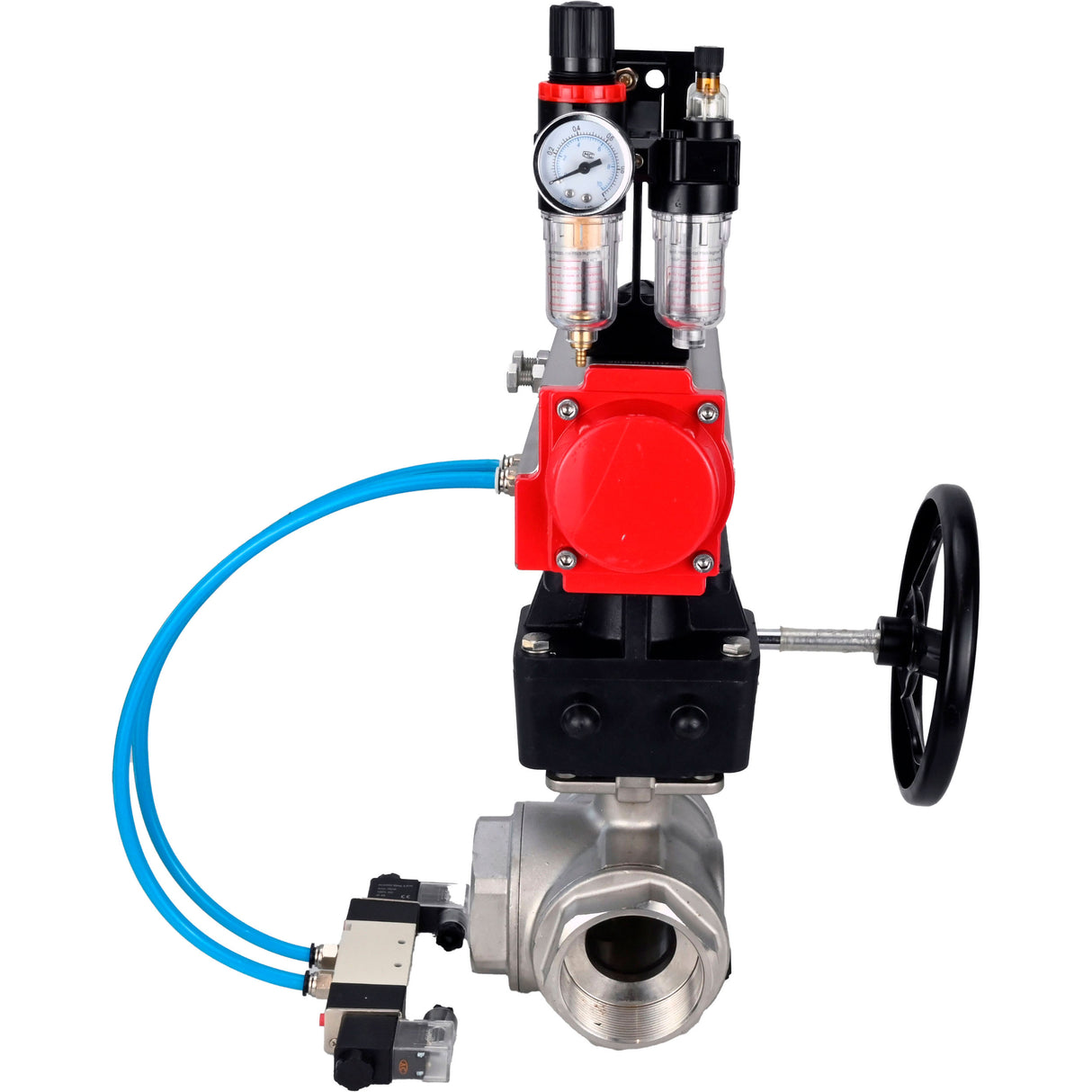 Kugelhähne Elephant BV3232P(4pc)-SP-3WL-T-ISO-H, Gehäusematerial - Edelstahl AISI 316, Dichtung - PTFE / PTFE / Teflon, mit pneumatischem Doppelwirkungsantrieb PA-DA, 4V320-08 220V Handrad MON, ATU AFC2000
