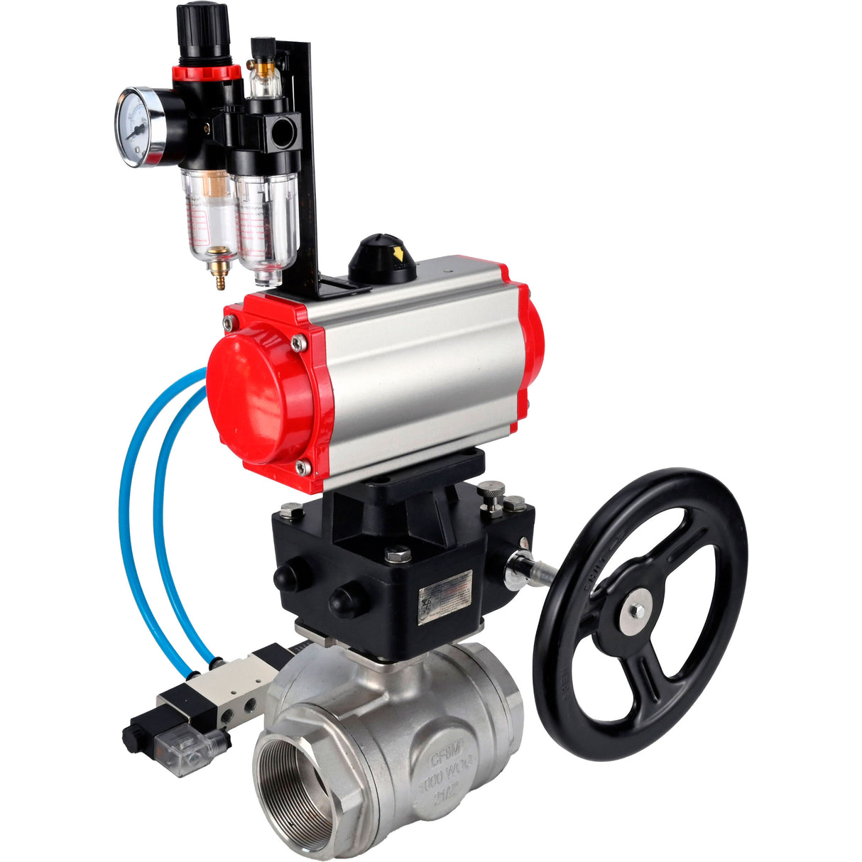 Kugelhähne Elephant BV3232P(4pc)-SP-3WL-T-ISO-H, Gehäusematerial - Edelstahl AISI 316, Dichtung - PTFE / PTFE / Teflon, mit pneumatischem Doppelwirkungsantrieb PA-DA, 4V320-08 220V Handrad MON, ATU AFC2000