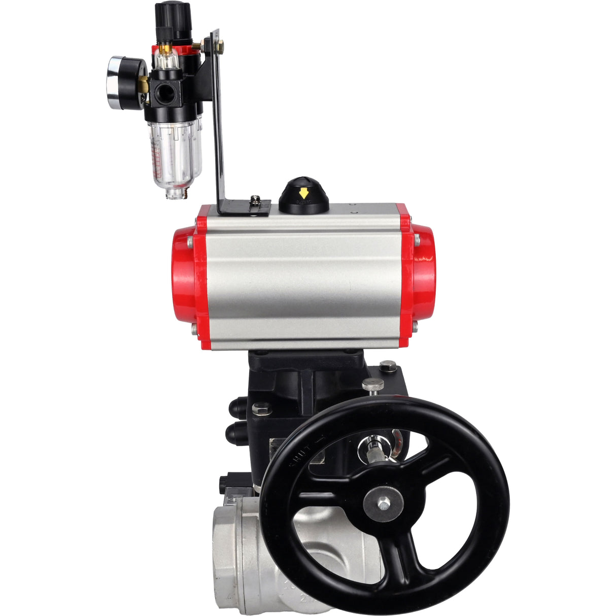 Kugelhähne Elephant BV3232P(4pc)-SP-3WL-T-ISO-H, Gehäusematerial - Edelstahl AISI 316, Dichtung - PTFE / PTFE / Teflon, mit pneumatischem Doppelwirkungsantrieb PA-DA, 4V320-08 220V Handrad MON, ATU AFC2000