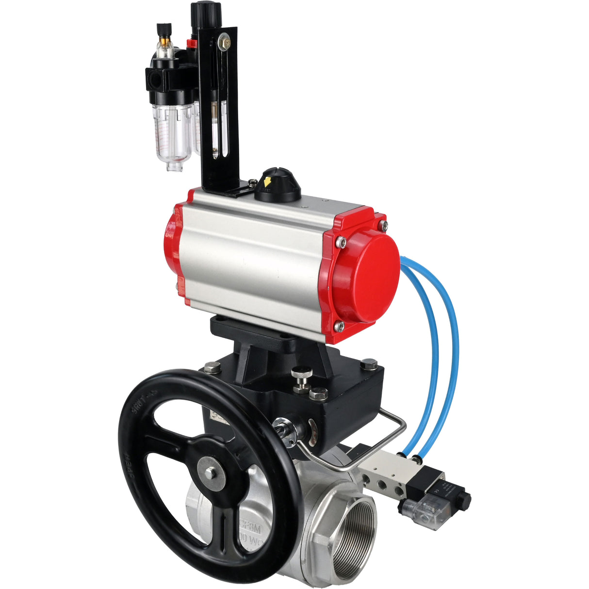 Kugelhähne Elephant BV3232P(4pc)-SP-3WL-T-ISO-H, Gehäusematerial - Edelstahl AISI 316, Dichtung - PTFE / PTFE / Teflon, mit pneumatischem Doppelwirkungsantrieb PA-DA, 4V320-08 220V Handrad MON, ATU AFC2000