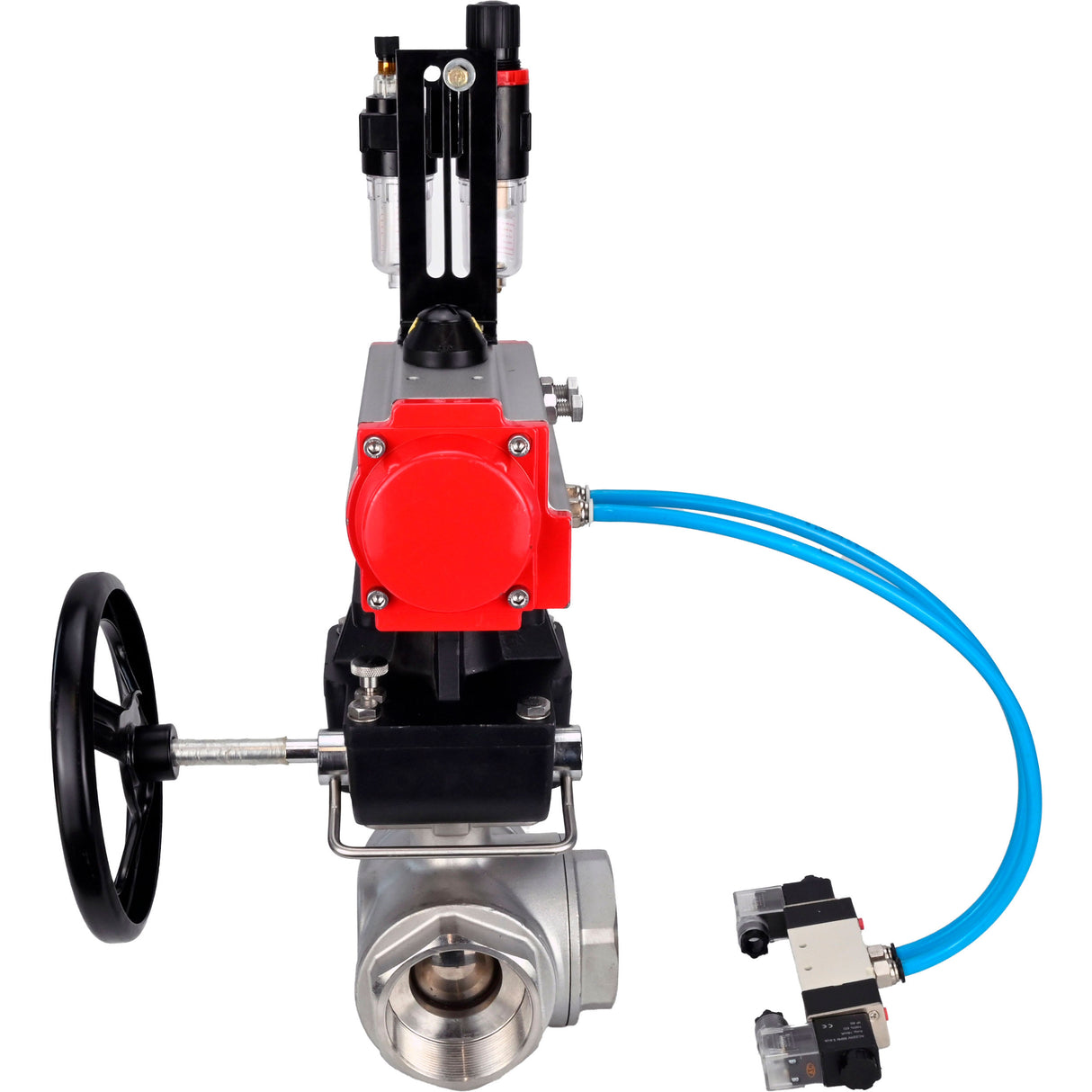 Kugelhähne Elephant BV3232P(4pc)-SP-3WL-T-ISO-H, Gehäusematerial - Edelstahl AISI 316, Dichtung - PTFE / PTFE / Teflon, mit pneumatischem Doppelwirkungsantrieb PA-DA, 4V320-08 220V Handrad MON, ATU AFC2000