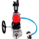 Kugelhähne Elephant BV3232P(4pc)-SP-3WL-T-ISO-H, Gehäusematerial - Edelstahl AISI 316, Dichtung - PTFE / PTFE / Teflon, mit pneumatischem Doppelwirkungsantrieb PA-DA, 4V320-08 220V Handrad MON, ATU AFC2000