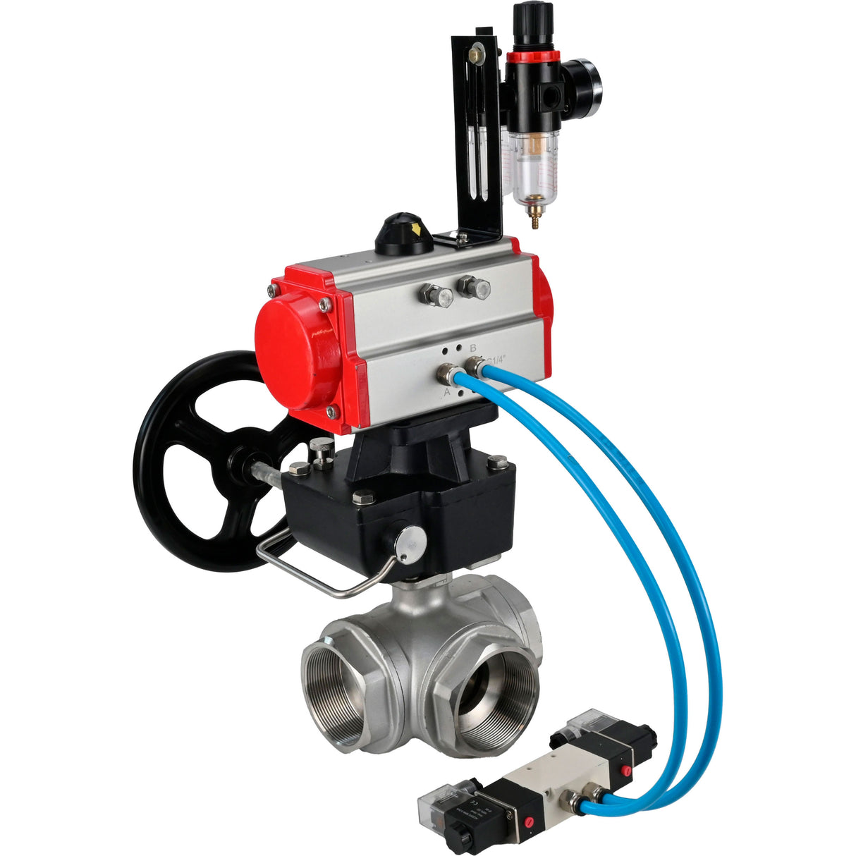 Kugelhähne Elephant BV3232P(4pc)-SP-3WL-T-ISO-H, Gehäusematerial - Edelstahl AISI 316, Dichtung - PTFE / PTFE / Teflon, mit pneumatischem Doppelwirkungsantrieb PA-DA, 4V320-08 220V Handrad MON, ATU AFC2000