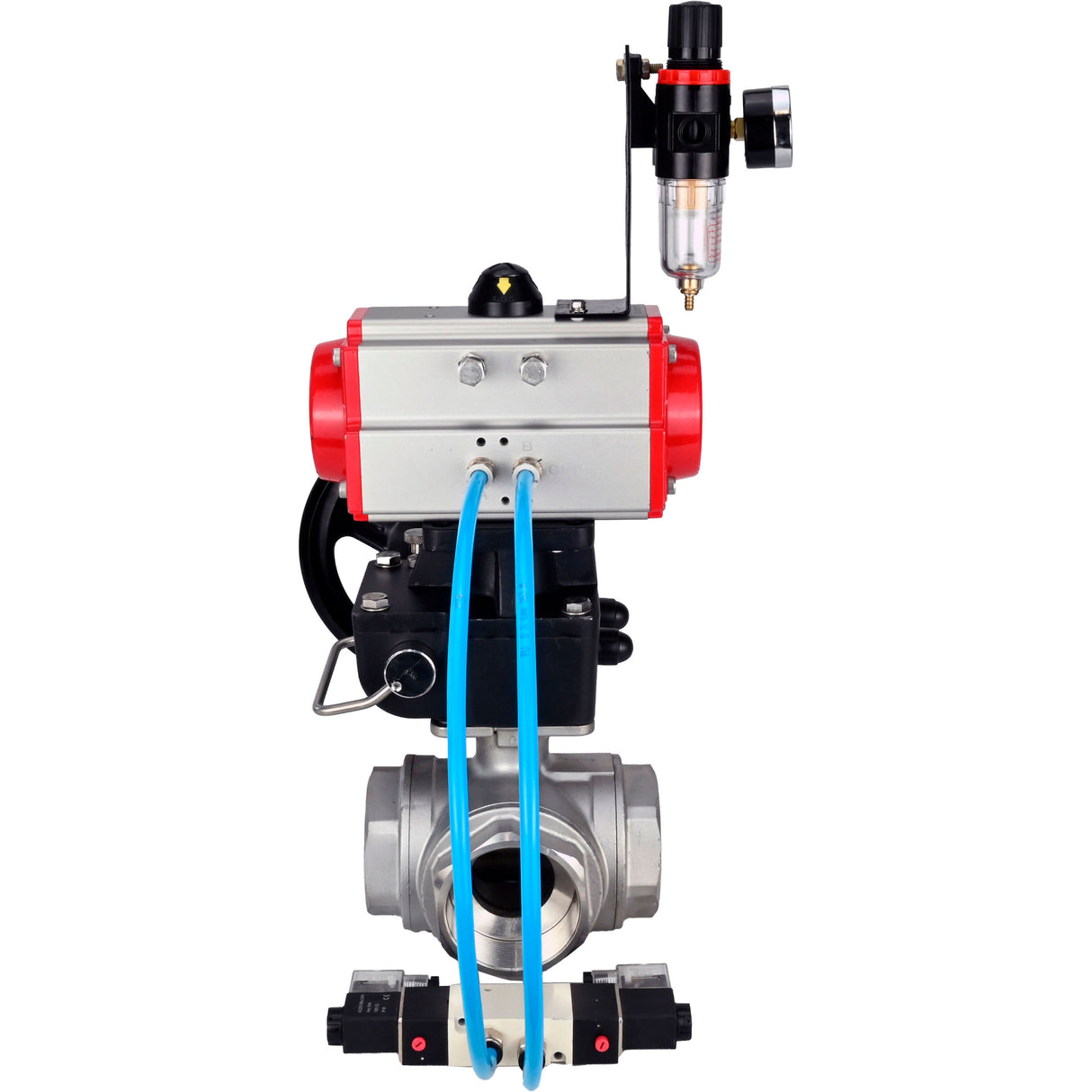 Kugelhähne Elephant BV3232P(4pc)-SP-3WL-T-ISO-H, Gehäusematerial - Edelstahl AISI 316, Dichtung - PTFE / PTFE / Teflon, mit pneumatischem Doppelwirkungsantrieb PA-DA, 4V320-08 220V Handrad MON, ATU AFC2000