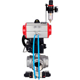 Kugelhähne Elephant BV3232P(4pc)-SP-3WL-T-ISO-H, Gehäusematerial - Edelstahl AISI 316, Dichtung - PTFE / PTFE / Teflon, mit pneumatischem Doppelwirkungsantrieb PA-DA, 4V320-08 220V Handrad MON, ATU AFC2000