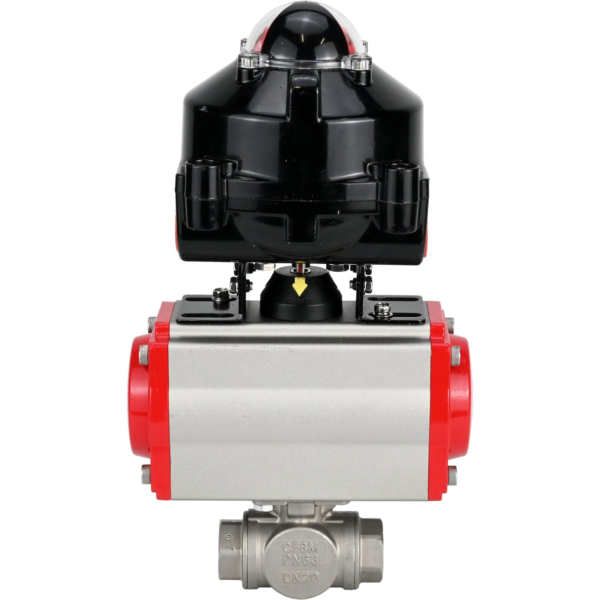 Kugelhähne Elephant BV3232P-SP-3L-T 3-Wege L-Typ, Gewinde, Standardbohrung, Gehäuse - Edelstahl SS316, Dichtung - PTFE, mit pneumatischem Antrieb Elephant PA-SA 052 -105 und LSU APL-510N-EX