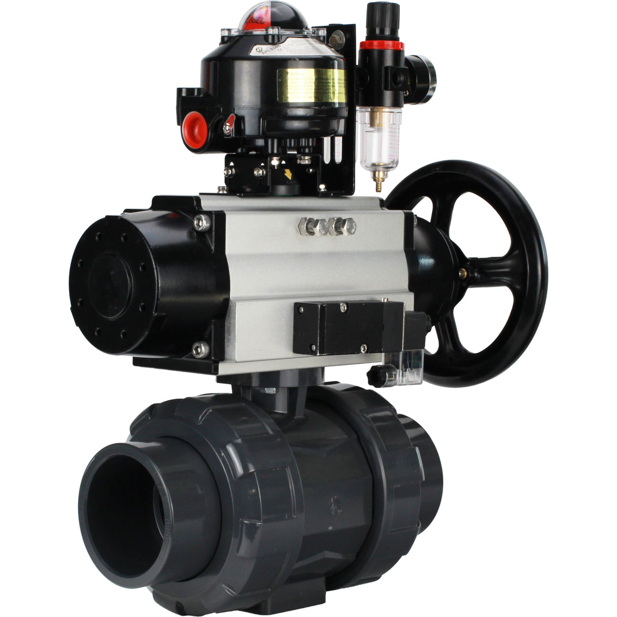 Ball valves Elephant BV4242E-FP-GRM-ISO, body material - UPVC, ball material - UPVC, seal - EPDM, with pneumatic actuator double action PA-DA-105-1, pneumatic distributor 4M310-08 24V, LSU APL-510N EX and ATU AFC2000