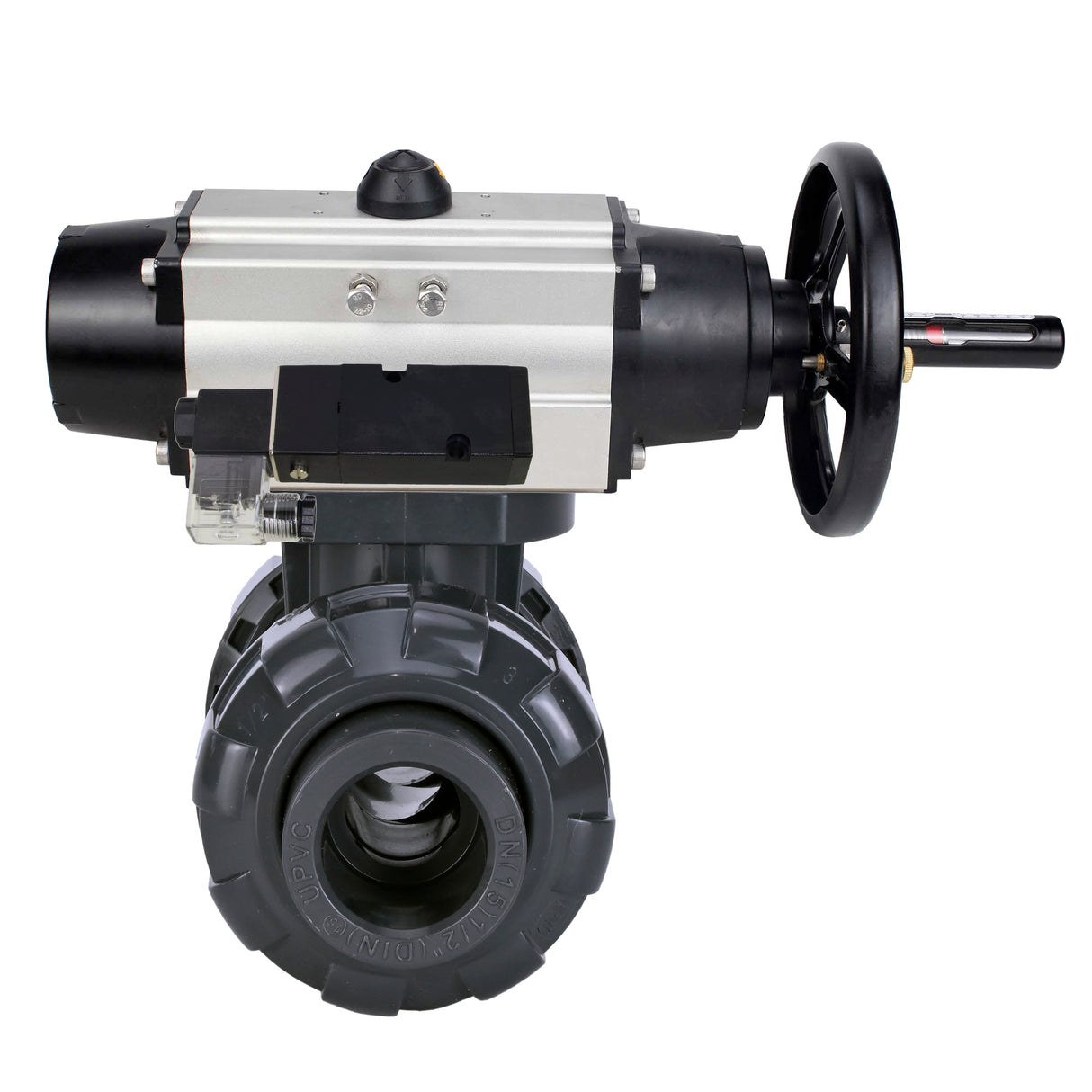 Ball valves Elephant BV4242E-FP-GRM-ISO, body material - UPVC, ball material - UPVC, seal - EPDM, with pneumatic actuator double action PA-DA-105-1 and pneumatic distributor 4M310-08 24V