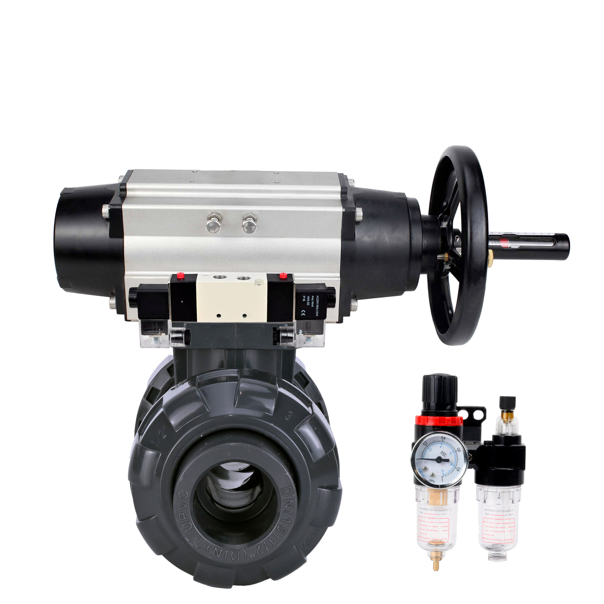 Ball valves Elephant BV4242E-FP-GRM-ISO, body material - UPVC, ball material - UPVC, seal - EPDM, with pneumatic actuator double action PA-DA-105-1, pneumatic distributor 4V320-10 220V and ATU AFC2000