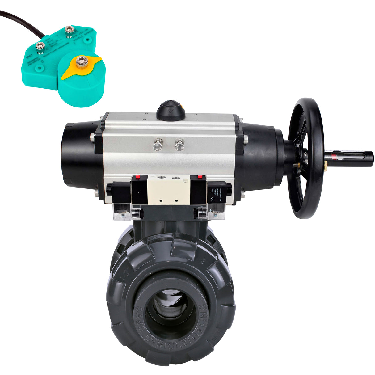Ball valves Elephant BV4242E-FP-GRM-ISO, body material - UPVC, ball material - UPVC, seal - EPDM, with pneumatic actuator double action PA-DA-105-1, pneumatic distributor 4V320-10 220V and magnetic switch ALS200D