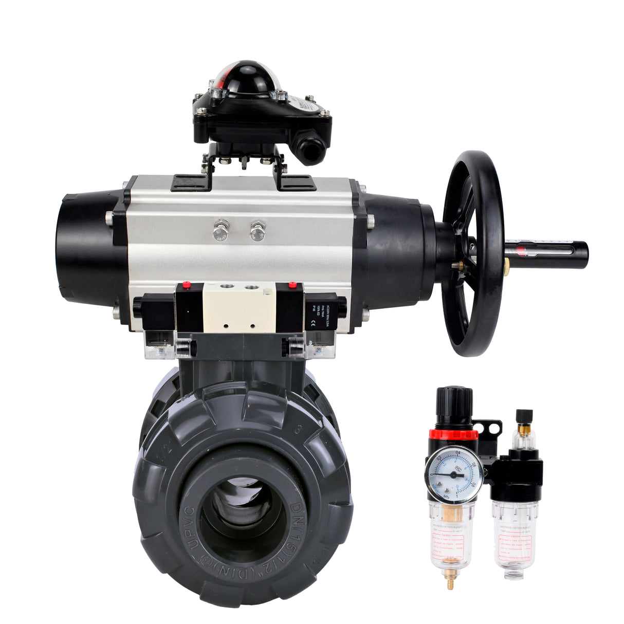Ball valves Elephant BV4242E-FP-GRM-ISO, body material - UPVC, ball material - UPVC, seal - EPDM, with pneumatic actuator double action PA-DA-105-1, pneumatic distributor 4V320-10 220V, LSU APL-210N and ATU AFC2000