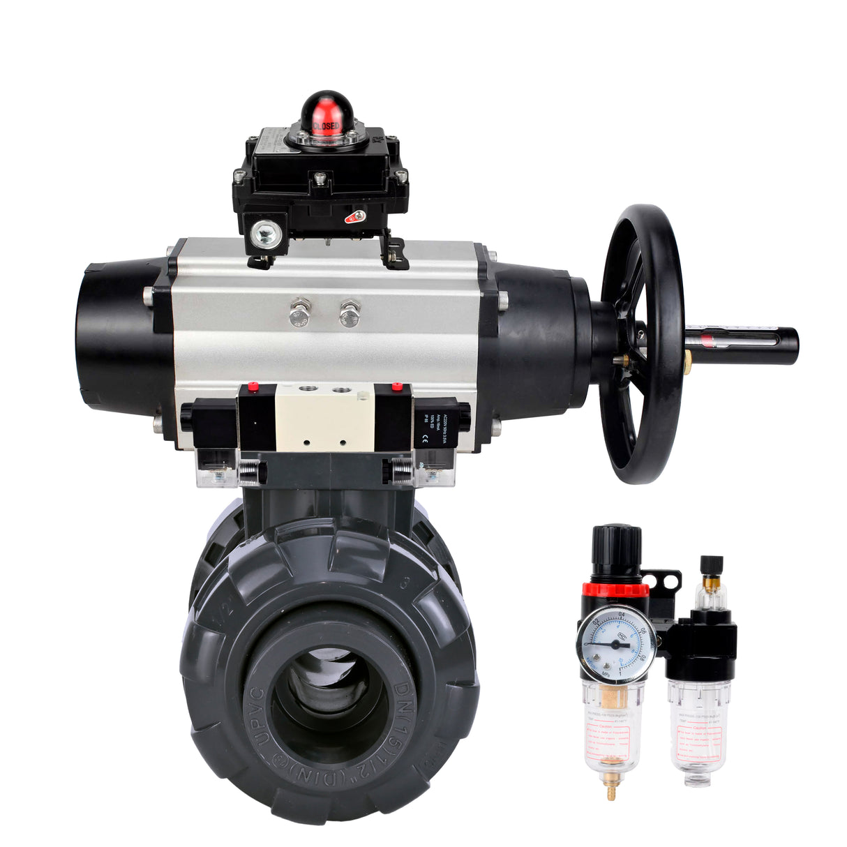 Ball valves Elephant BV4242E-FP-GRM-ISO, body material - UPVC, ball material - UPVC, seal - EPDM, with pneumatic actuator double action PA-DA-105-1, pneumatic distributor 4V320-10 220V, LSU APL-410N EX and ATU AFC2000