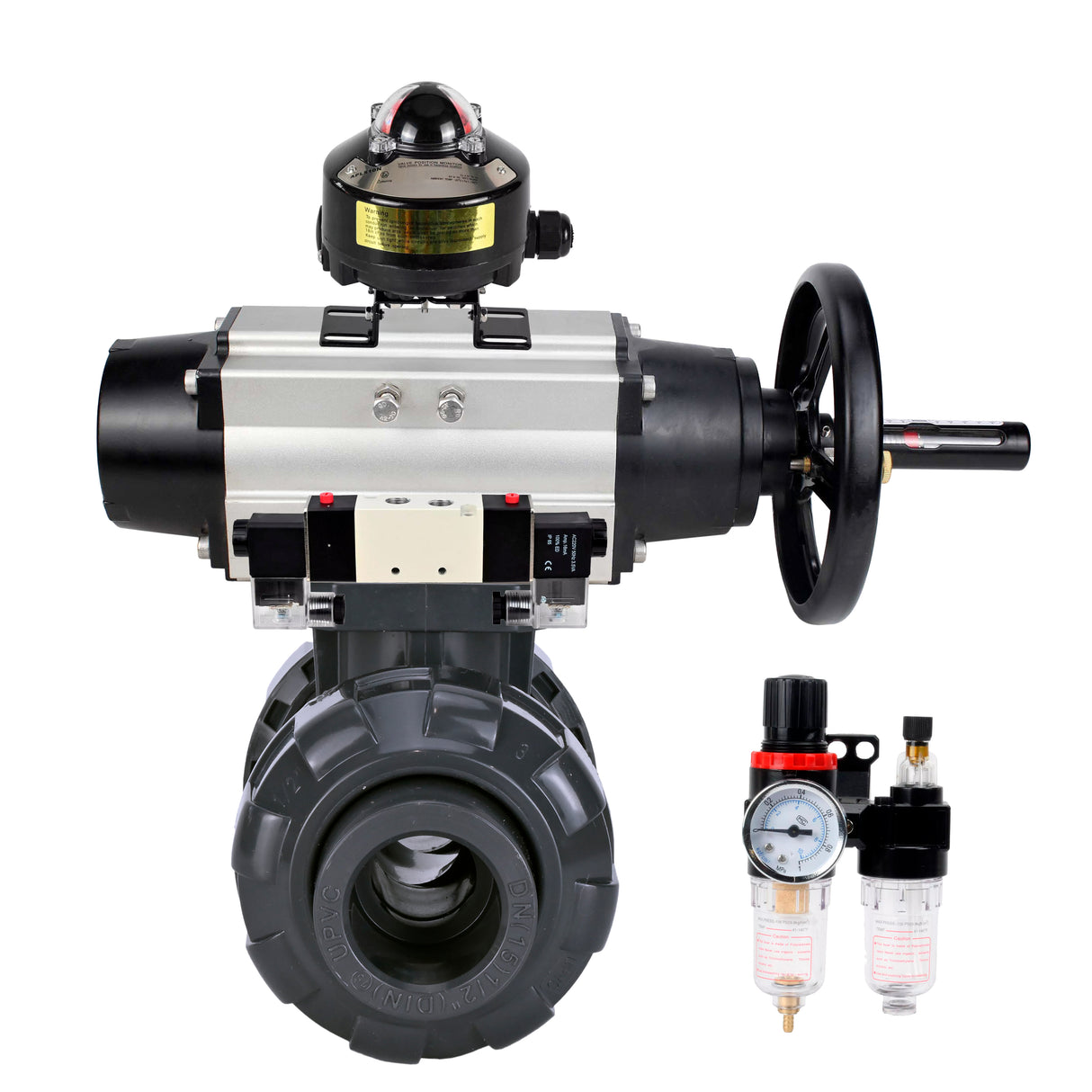 Ball valves Elephant BV4242E-FP-GRM-ISO, body material - UPVC, ball material - UPVC, seal - EPDM, with pneumatic actuator double action PA-DA-105-1, pneumatic distributor 4V320-10 220V, LSU APL-510N EX and ATU AFC2000