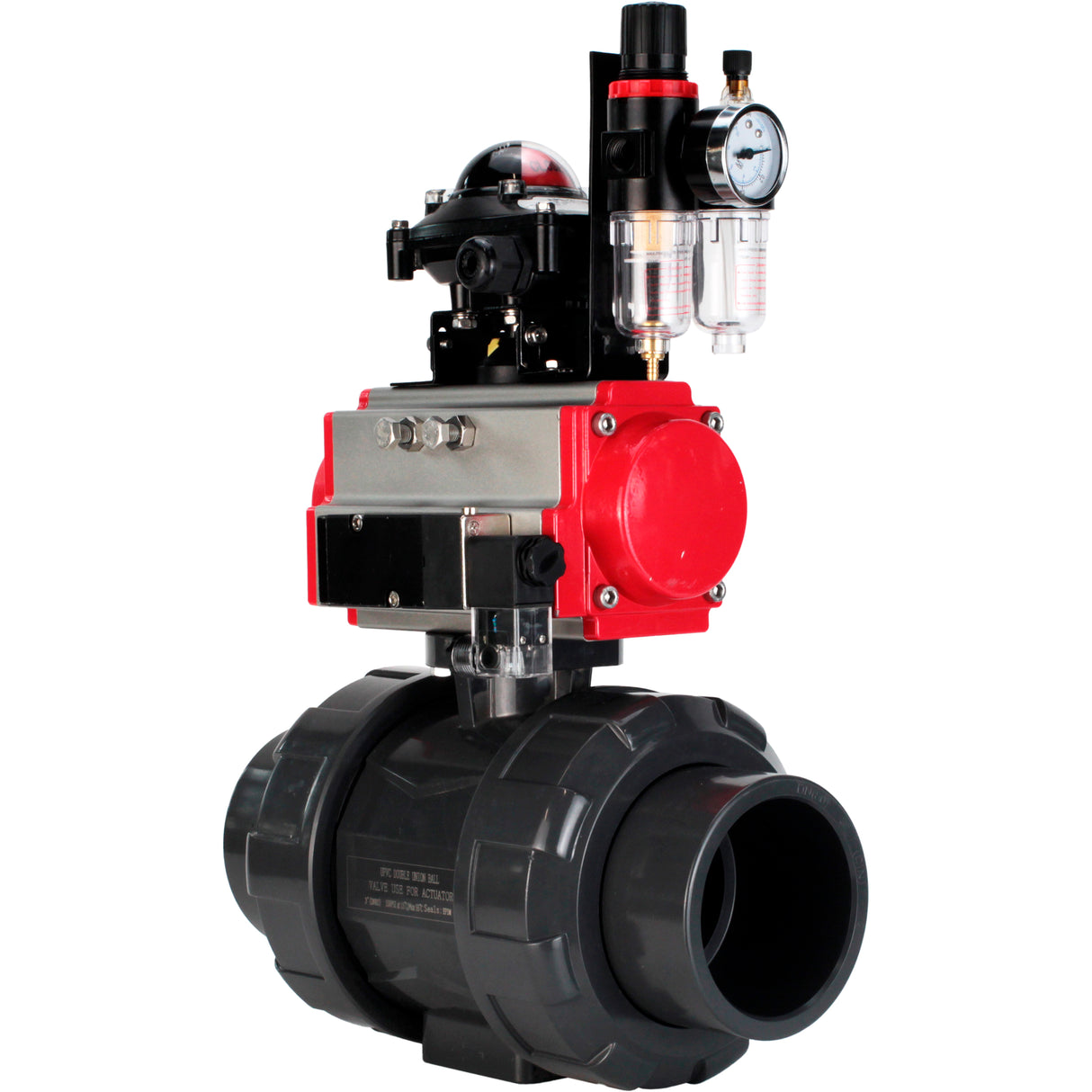 Ball valves Elephant BV4242E-FP-GRM-ISO, body material - UPVC, ball material - UPVC, seal - EPDM, with pneumatic actuator with return springs PA-SA, pneumatic distributor 4M310-08 220V, LSU APL-210N and ATU AFC2000