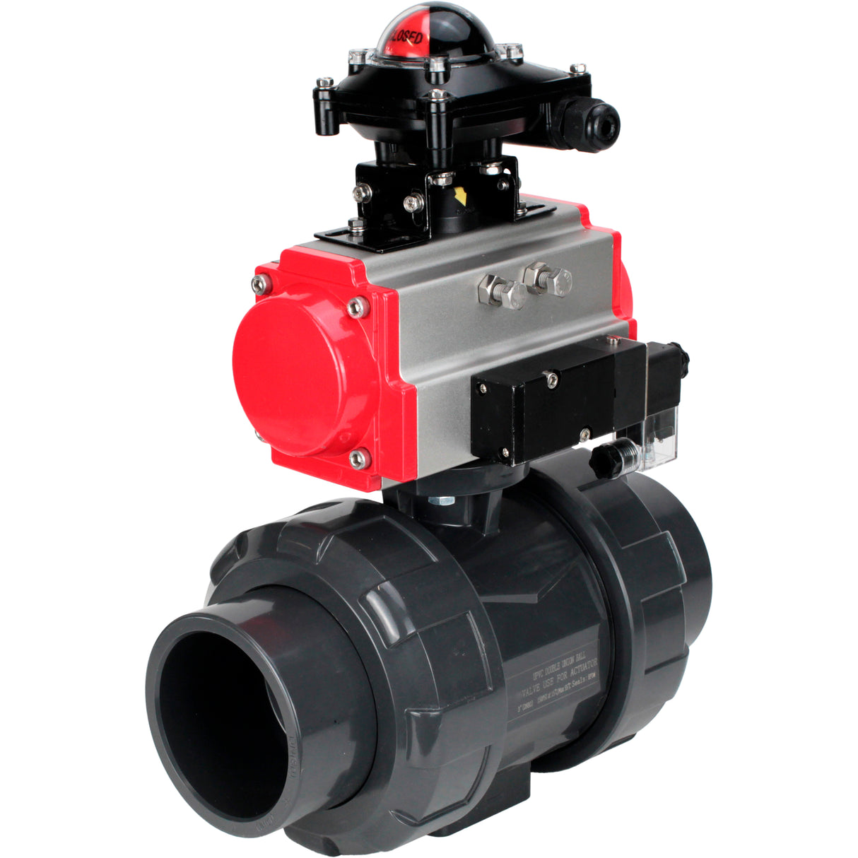 Ball valves Elephant BV4242E-FP-GRM-ISO, body material - UPVC, ball material - UPVC, seal - EPDM, with pneumatic actuator with return springs PA-SA, pneumatic distributor 4M310-08 220V and LSU APL-210N