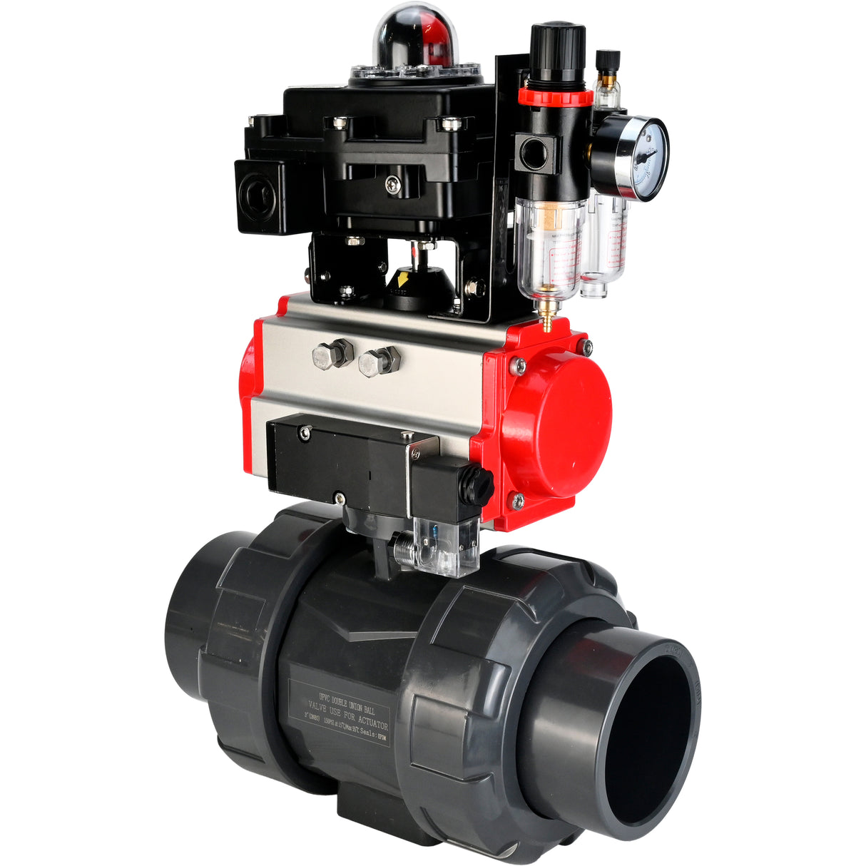 Ball valves Elephant BV4242E-FP-GRM-ISO, body material - UPVC, ball material - UPVC, seal - EPDM, with pneumatic actuator with return springs PA-SA, pneumatic distributor 4M310-08 220V, LSU APL-410N EX and ATU AFC2000
