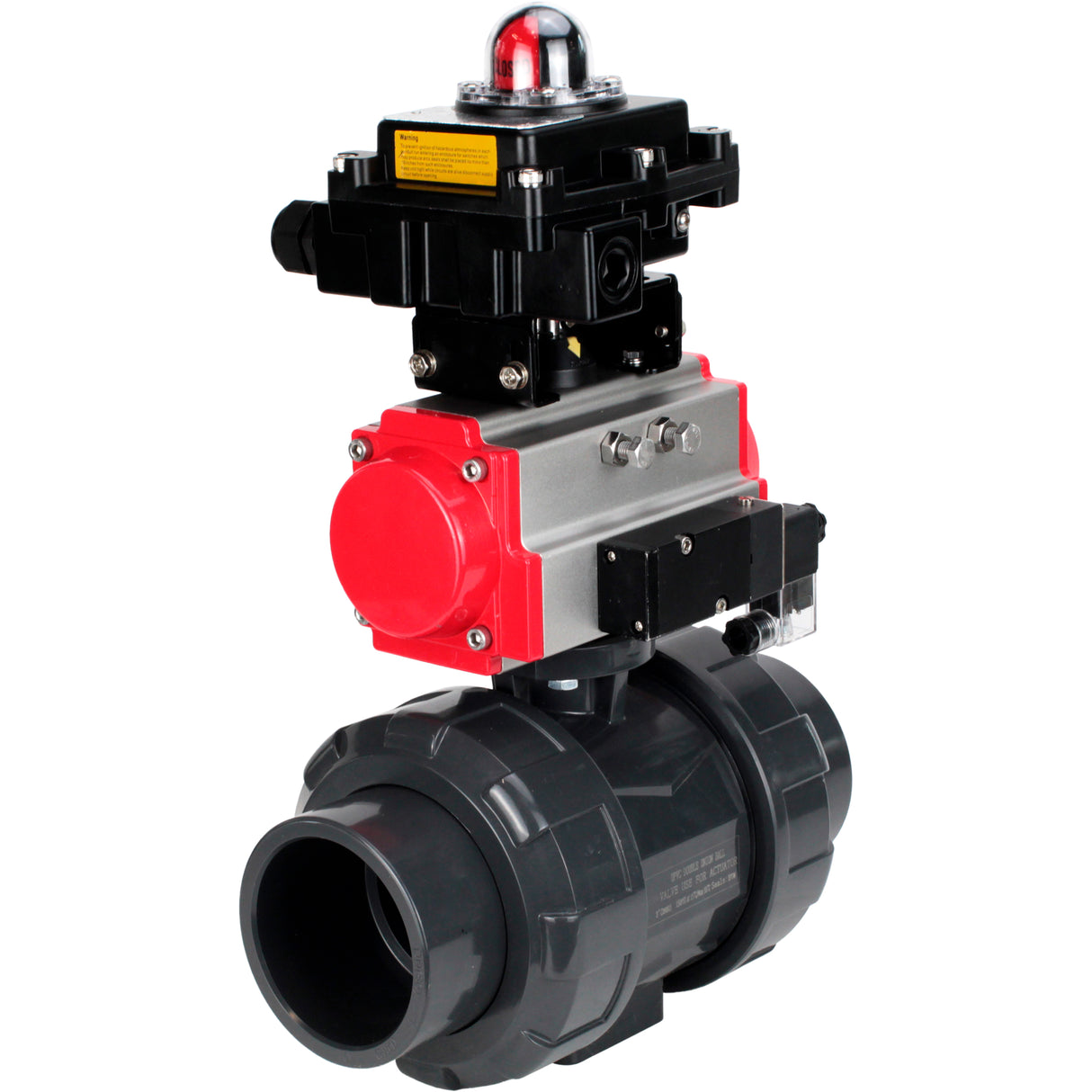 Ball valves Elephant BV4242E-FP-GRM-ISO, body material - UPVC, ball material - UPVC, seal - EPDM, with pneumatic actuator with return springs PA-SA, pneumatic distributor 4M310-08 220V and LSU APL-410N EX