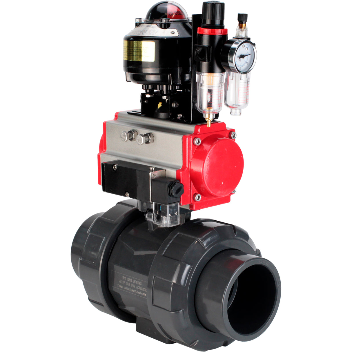 Ball valves Elephant BV4242E-FP-GRM-ISO, body material - UPVC, ball material - UPVC, seal - EPDM, with pneumatic actuator with return springs PA-SA, pneumatic distributor 4M310-08 24V, LSU APL-510N EX and ATU AFC2000