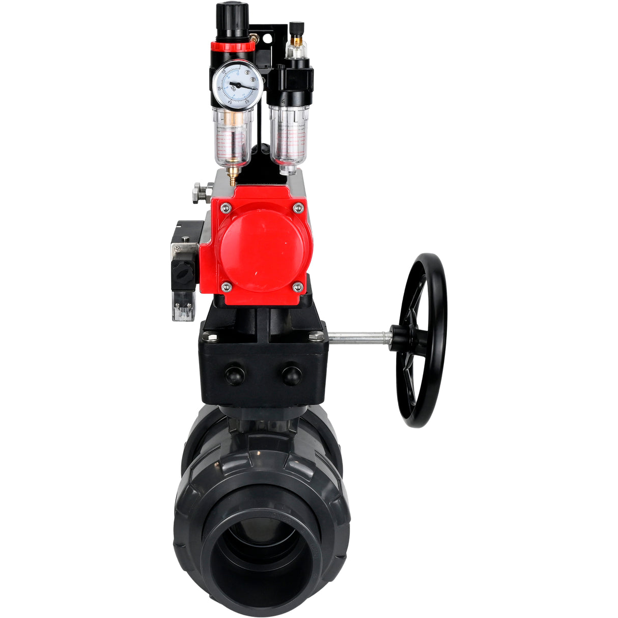 Ball valves Elephant BV4242E-FP-GRM-ISO, body material - UPVC, ball material - UPVC, seal - EPDM, with pneumatic actuator double action PA-DA, pneumatic distributor 4M310-08 220V, ATU AFC2000 and handwheel MON