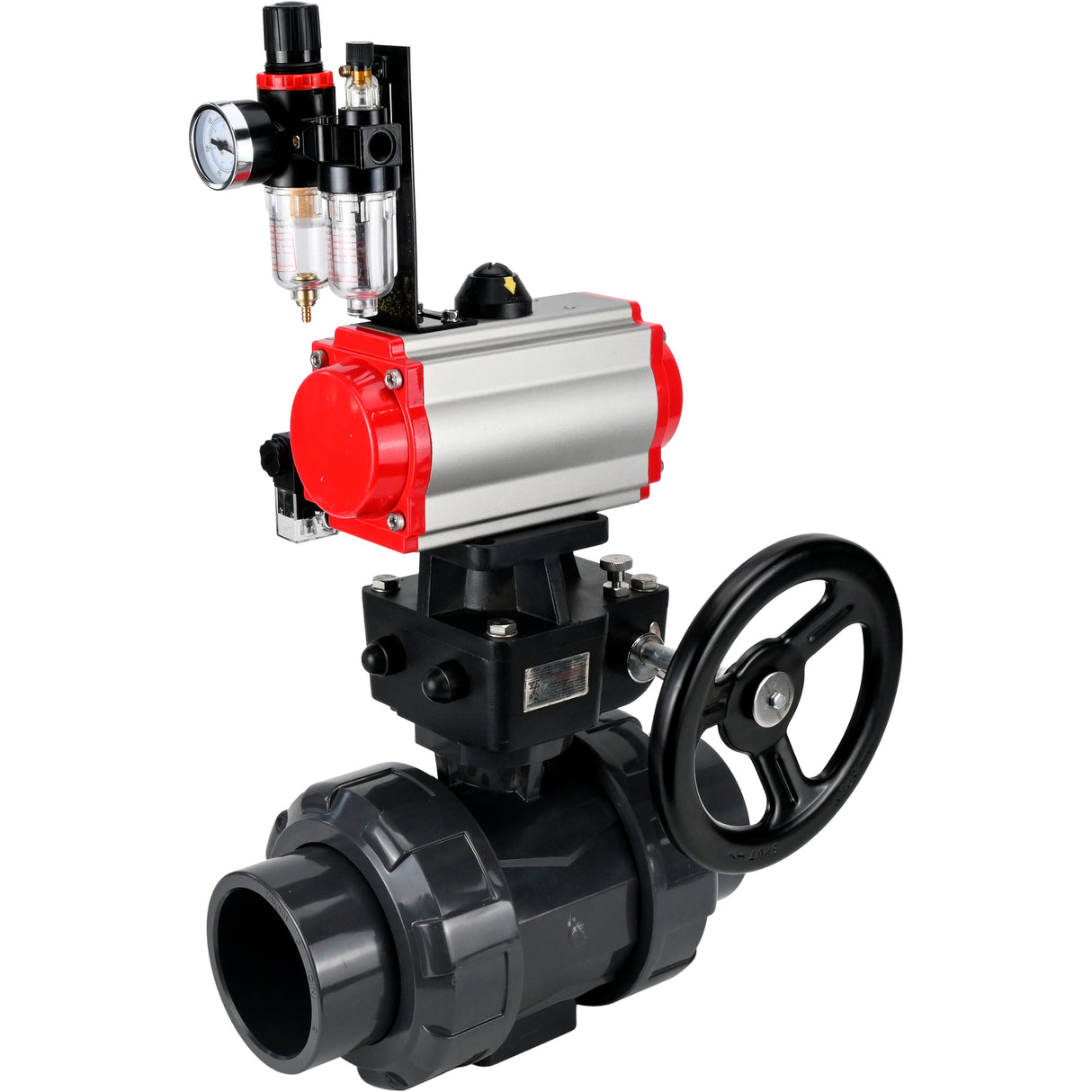 Ball valves Elephant BV4242E-FP-GRM-ISO, body material - UPVC, ball material - UPVC, seal - EPDM, with pneumatic actuator double action PA-DA, pneumatic distributor 4M310-08 220V, ATU AFC2000 and handwheel MON